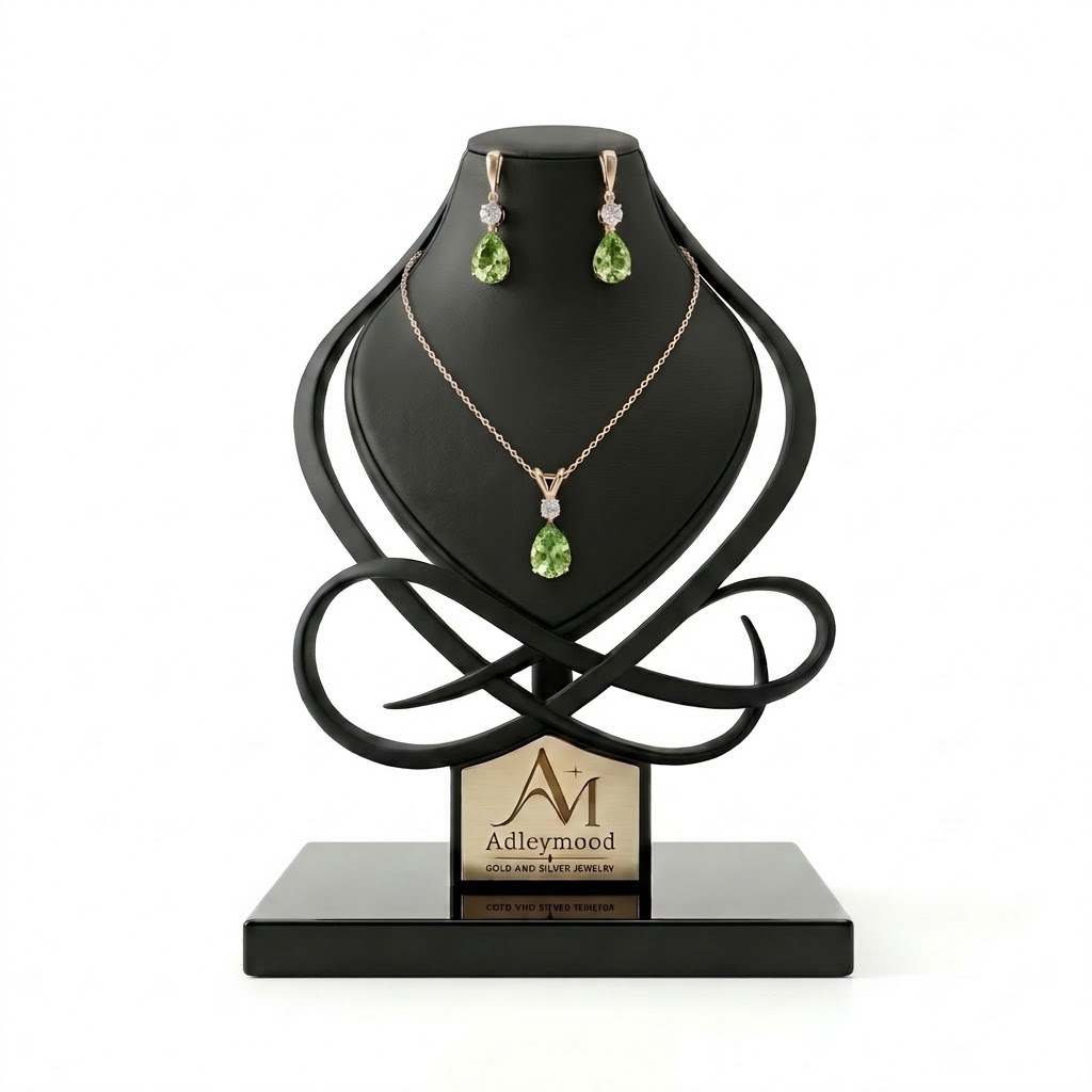 نیم‌ست نقره طرح اشک رویال با نگین سبز پریودوت (سفارشی)